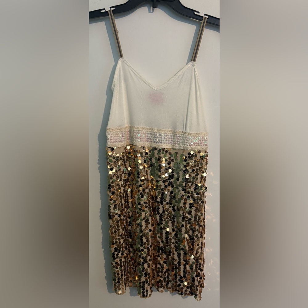 Free People Womens Sz 6 Ivory Knit Tank Gold Sequin Spaghetti Strap Dress